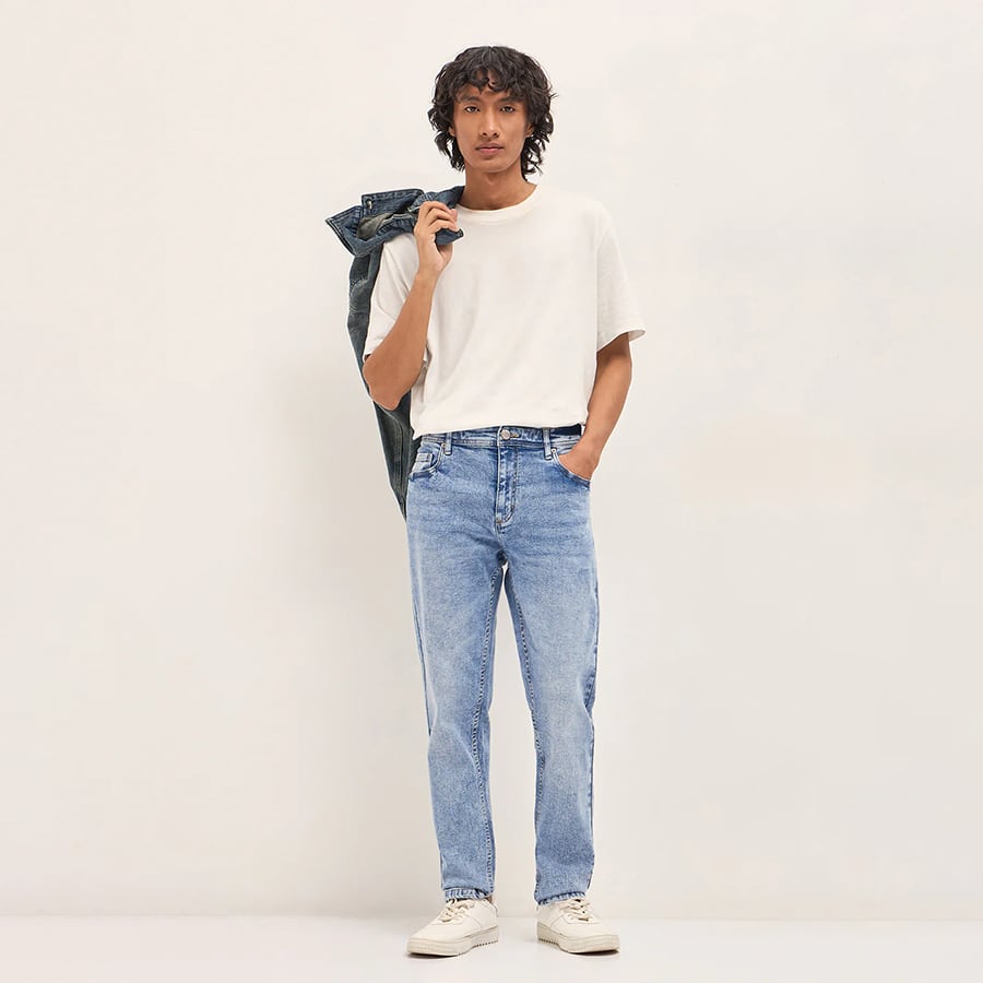 EBAN - Light Blue Mid-Rise Slim Fit Jeans with Mid Fade