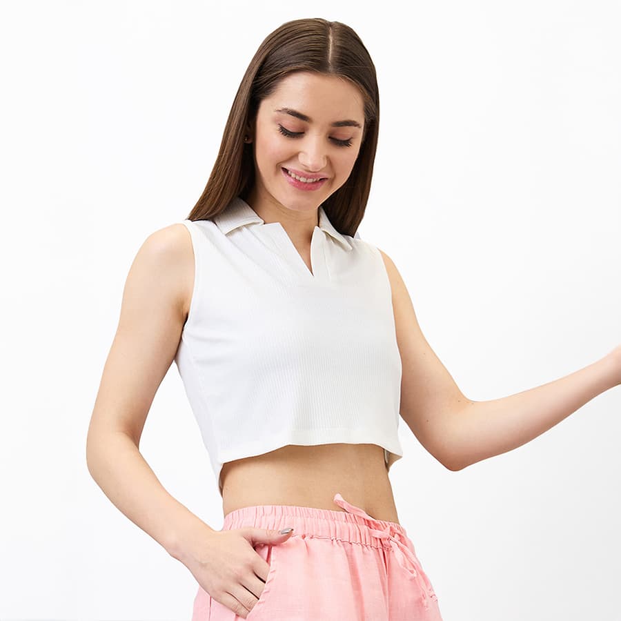 Spykar White Slim Fit Solid Sleeveless T-Shirt For Women