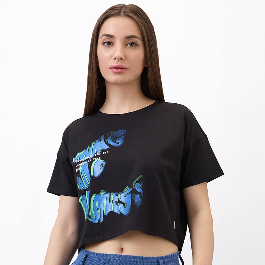 Spykar Black Boxy Fit Solid Half Sleeve T-Shirt For Women