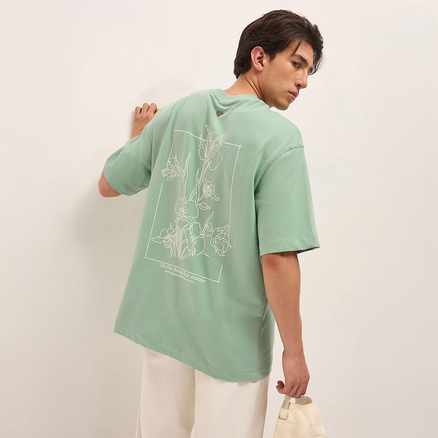 RUZO - Mint Green Oversized Crew Neck T-Shirt with Floral HD Graphic Print