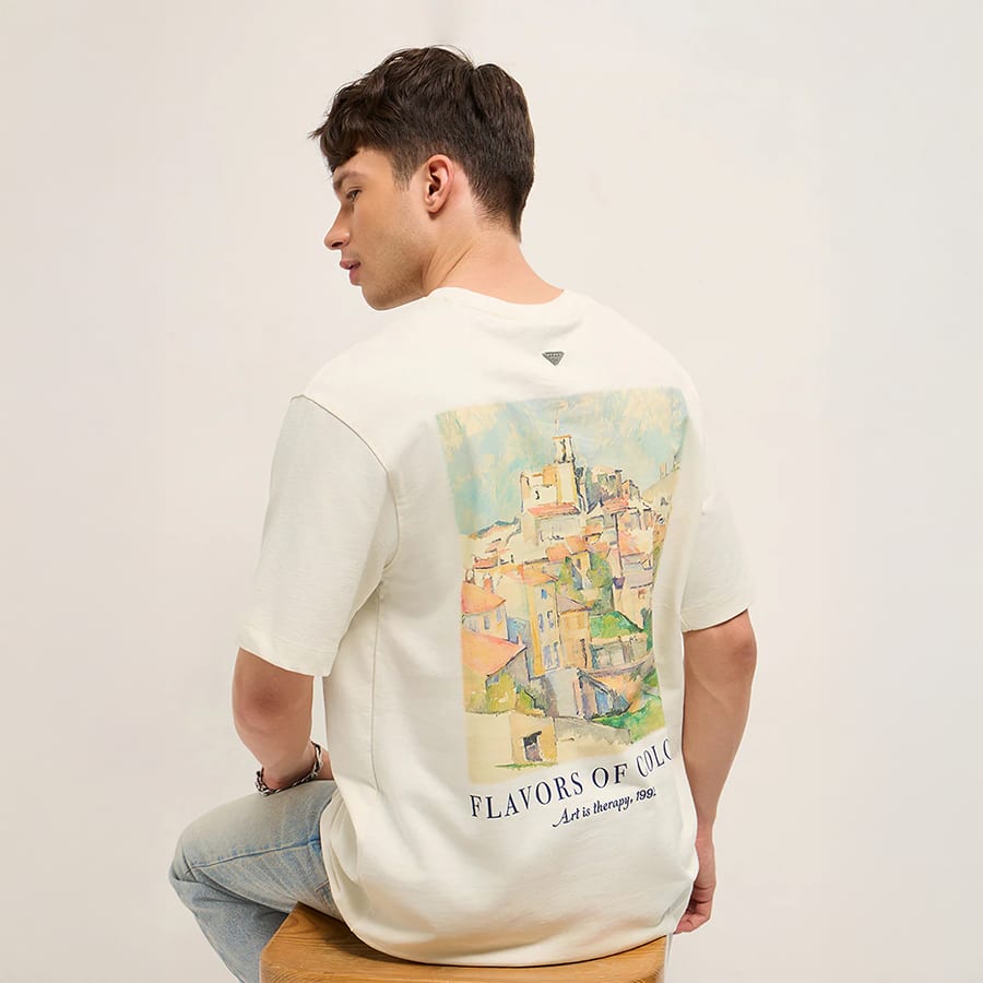 URAL - Cream Oversized Crew Neck T-Shirt with Back “Flavors of Color” Scenic Graphic Print