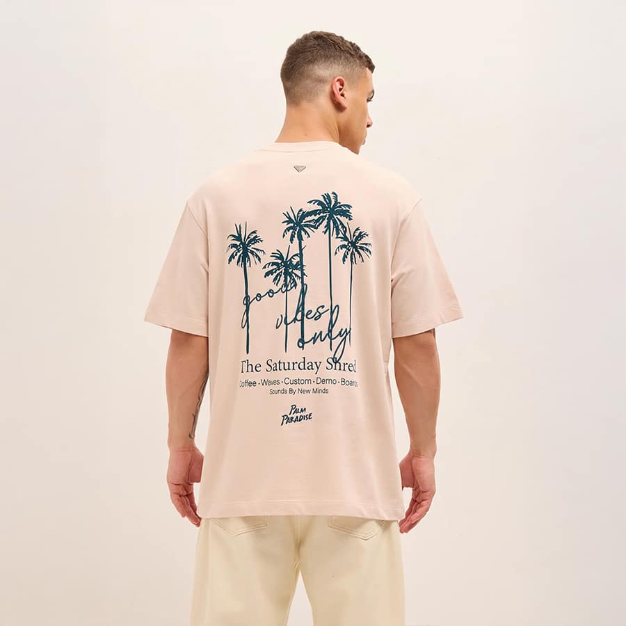 PITH - Peach Oversized Crew Neck T-Shirt with Palm Tree Back Graphic Print