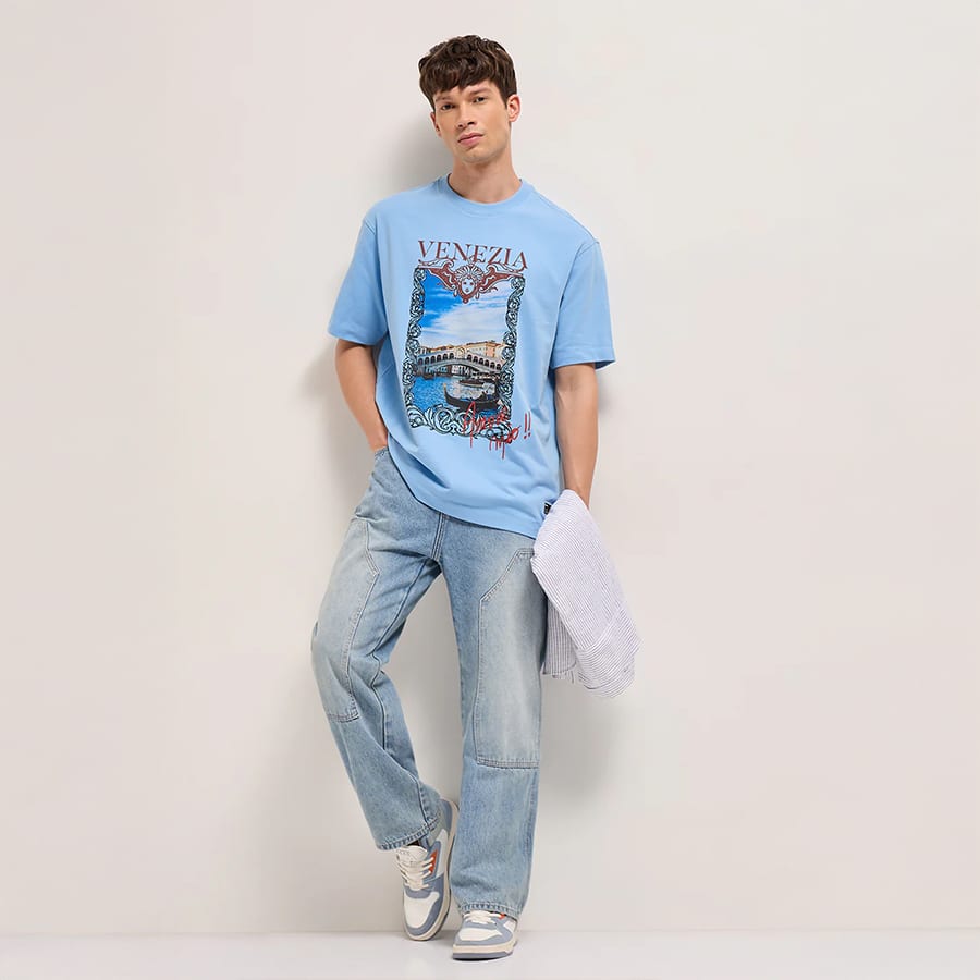 VENZI - Blue Oversized Crew Neck T-Shirt with Scenic Venice Graphic Print