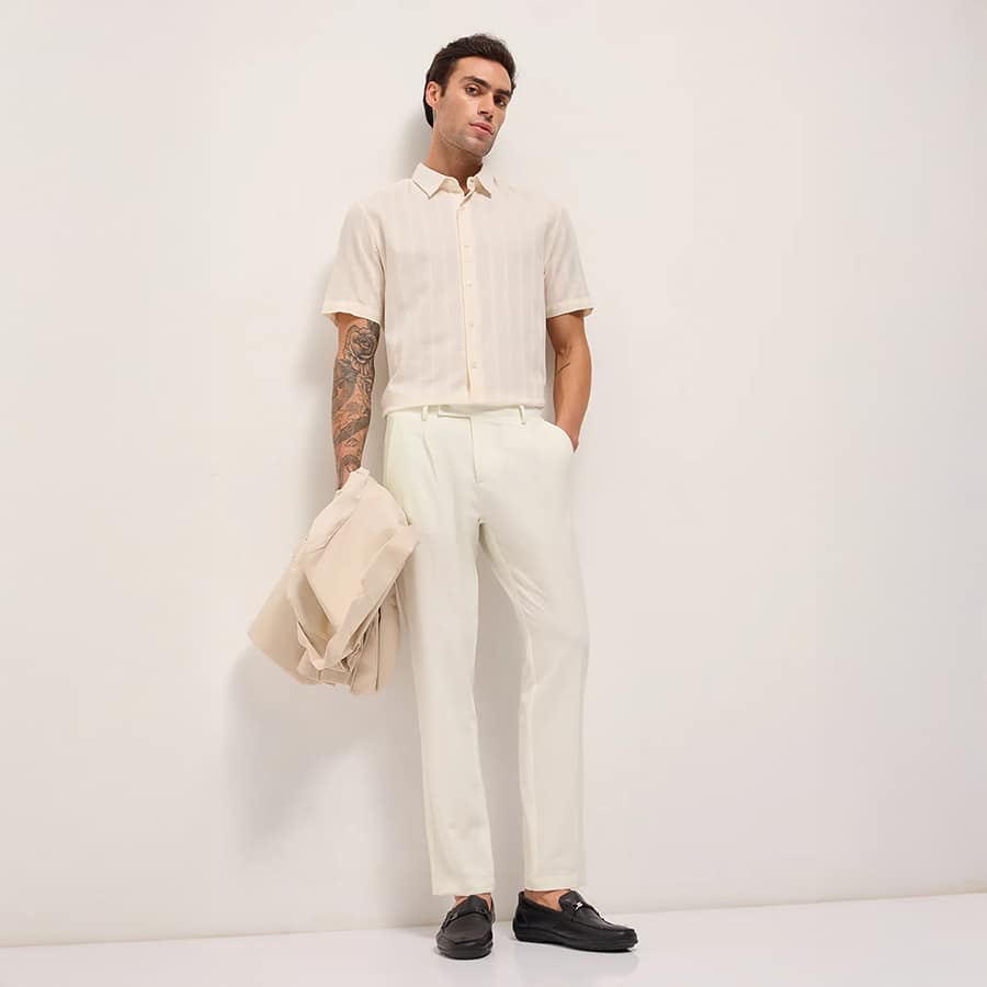 NELEO - Cream Solid Regular Fit Formal Trousers with Front Pleat