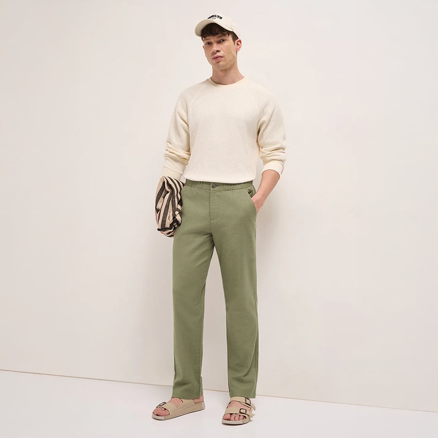 CASAB - Green Textured Straight Fit Casual Trousers with an Elasticated Waistband