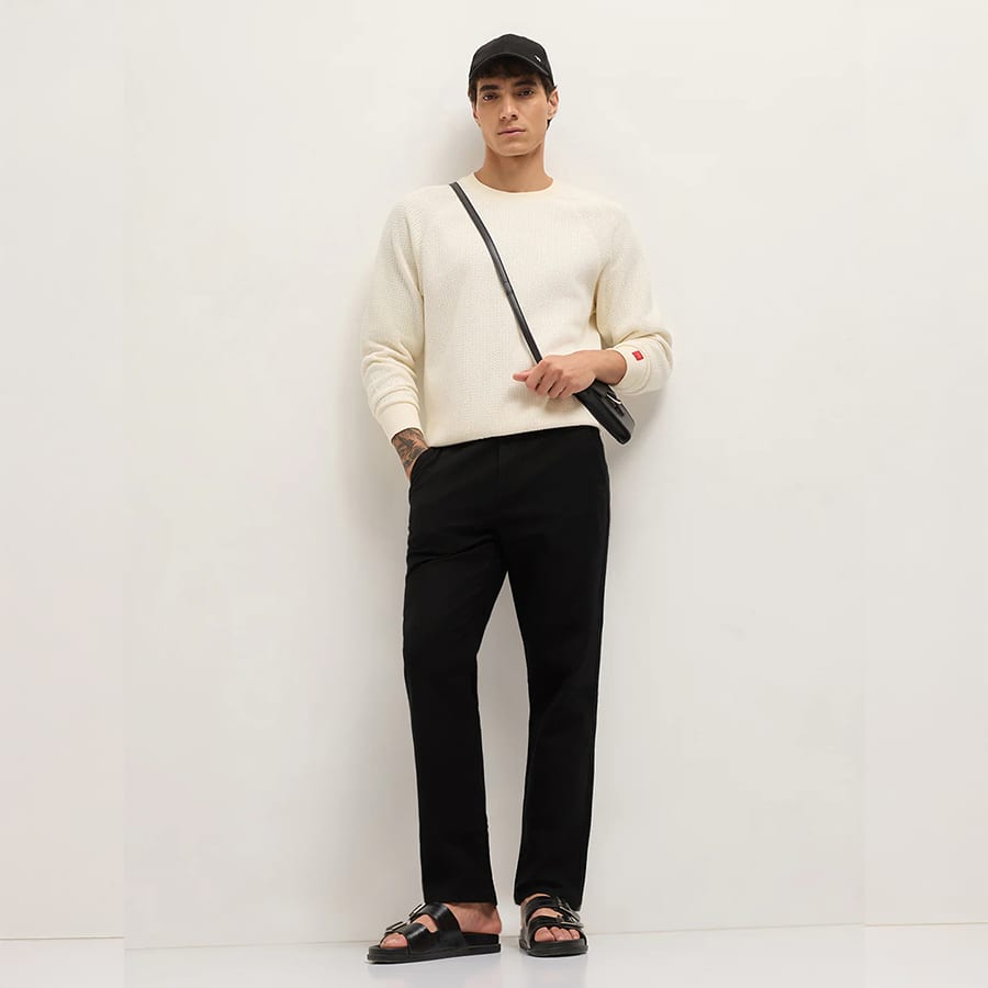 RIOLET - Black Textured Straight Fit Casual Trousers with an Elasticated Waistband