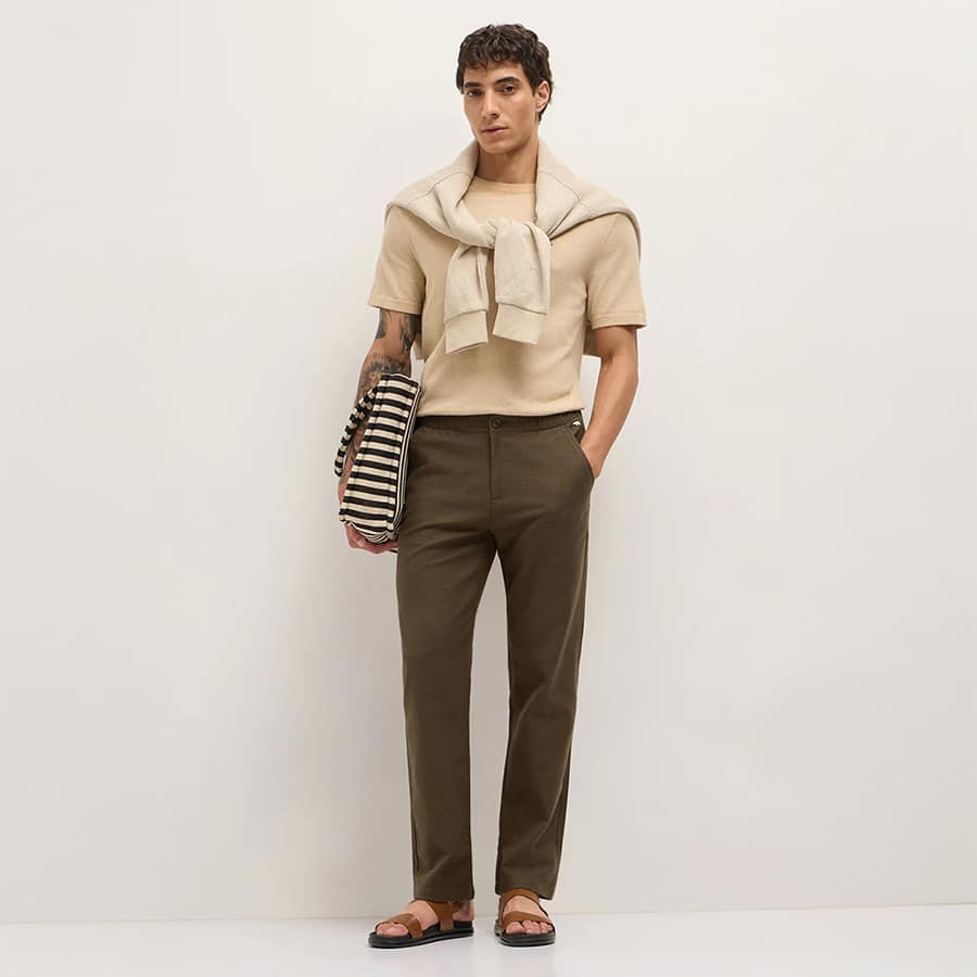 OSAKAY - Brown Textured Straight Fit Casual Trousers with an Elasticated Waistband
