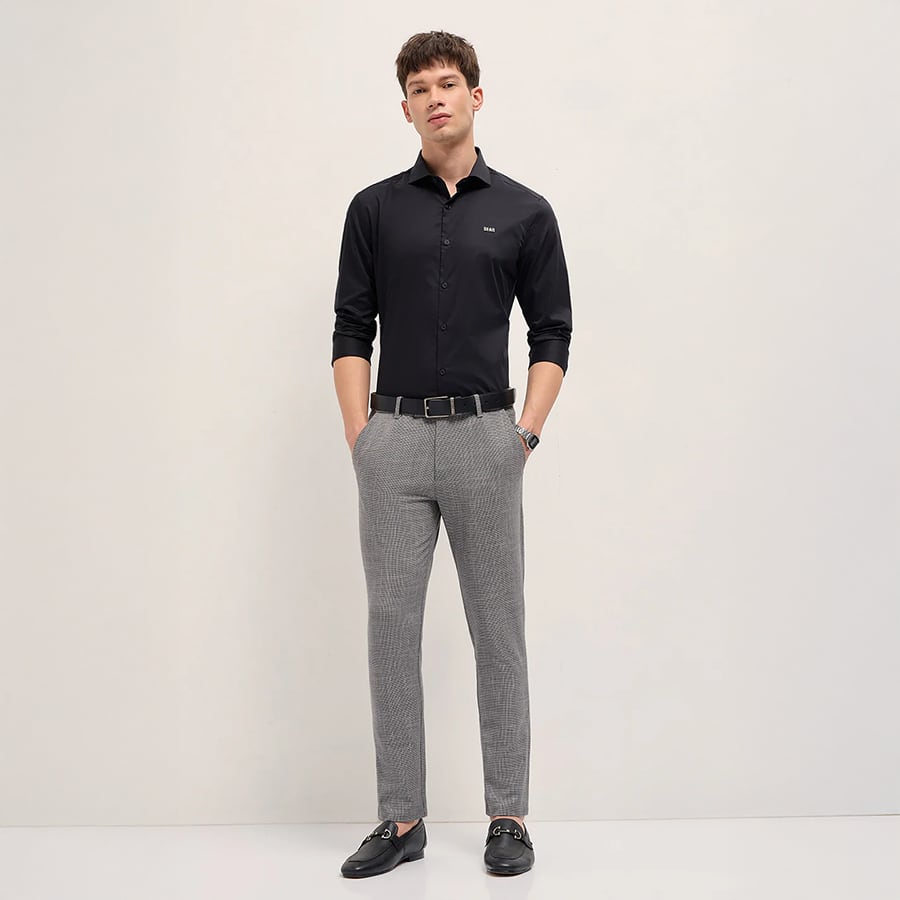 SUNG - Grey Woven Design Slim Fit Formal Trousers