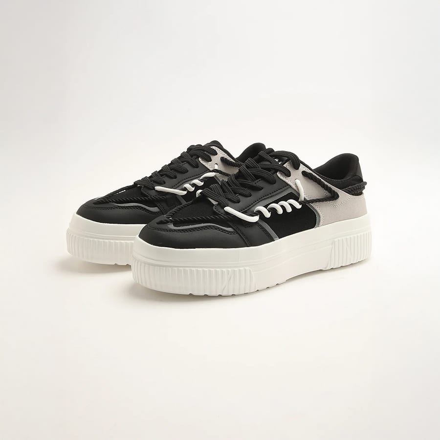 Riko - Men's Chunky Black Sneakers with Twisted Lace Detail