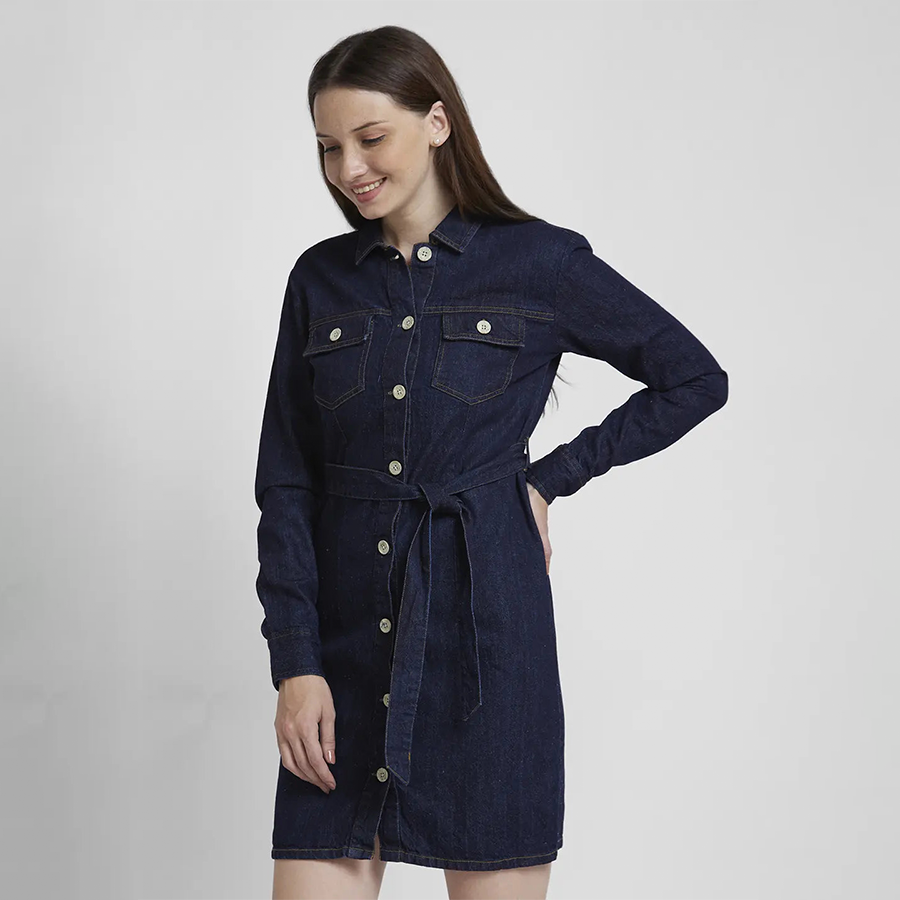 Spykar Women Dark Blue Cotton Regular Fit Classic Collar Knee Length Denim Dress