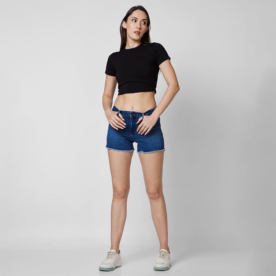 Spykar Mid Rise Blue Shorts For Women