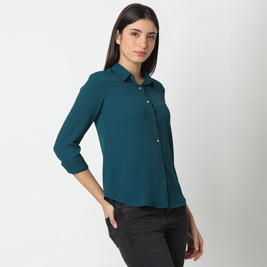 Spykar Teal Blue Regular Fit Full Sleeves Shirt For Women