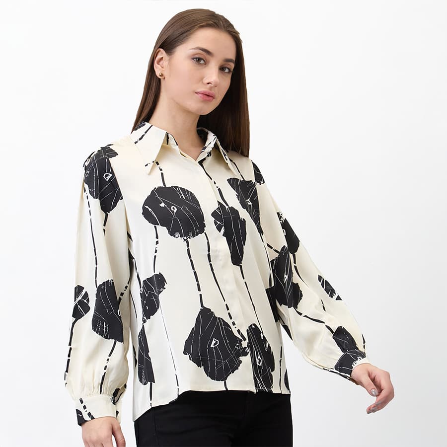 Spykar White Regular Fit Printed Full Sleeve Shirt For Women