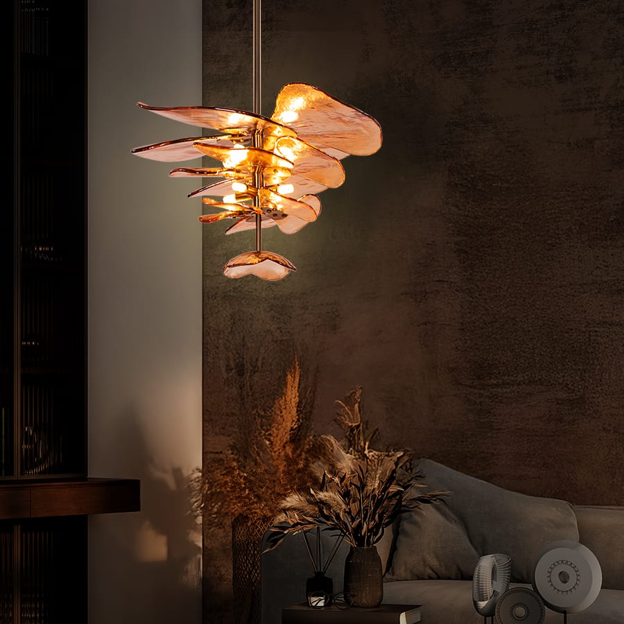 Luminous Lotus (Gold, Amber) Tinted Glass Pendant Light