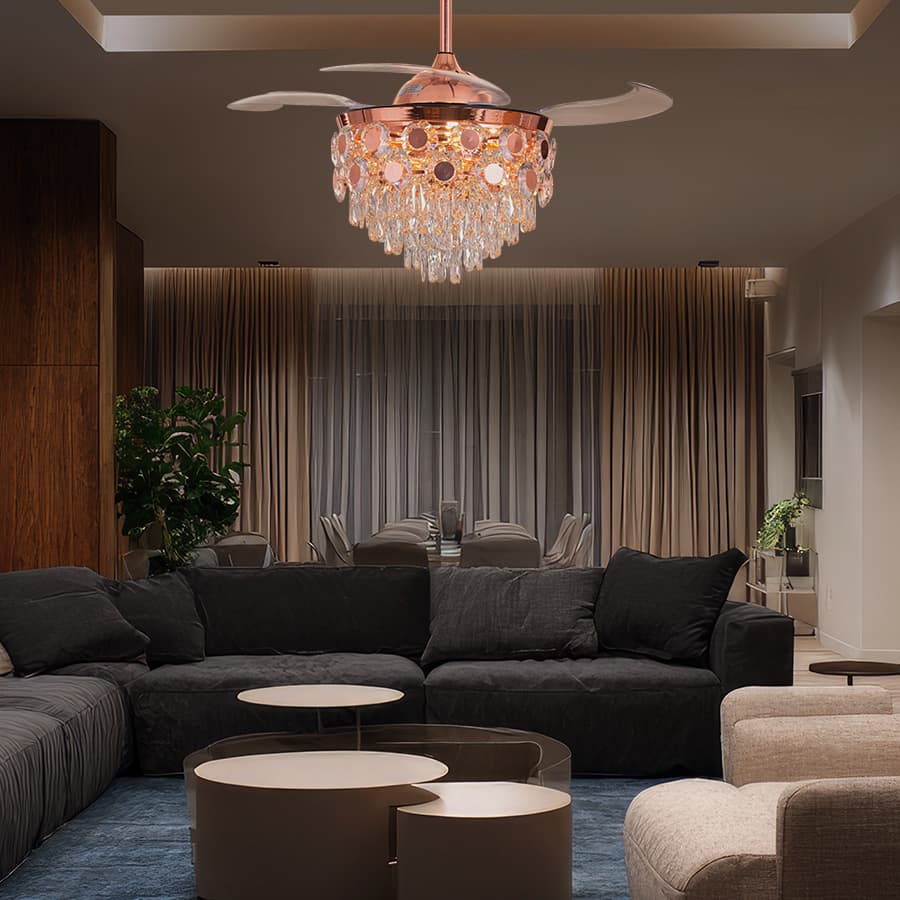 Flight Of Fantasy (112 cm Span, Rose Gold Finish Metal Body, Transparent ABS Blades) Dimmable LED With Remote Control Crystal Chandelier Ceiling Fan