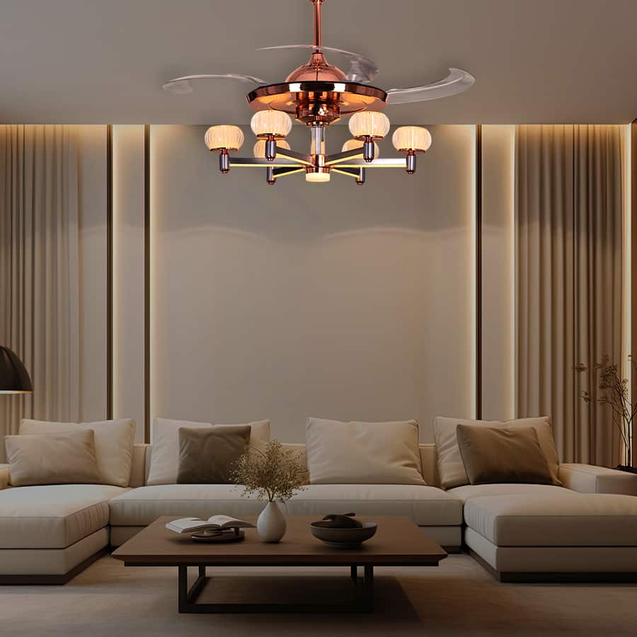 Scenic Road (112 cm Span, Rose-Gold Finish Metal Body, Translucent ABS Blades) 3 Color LED With Remote Control Crystal Chandelier Ceiling Fan