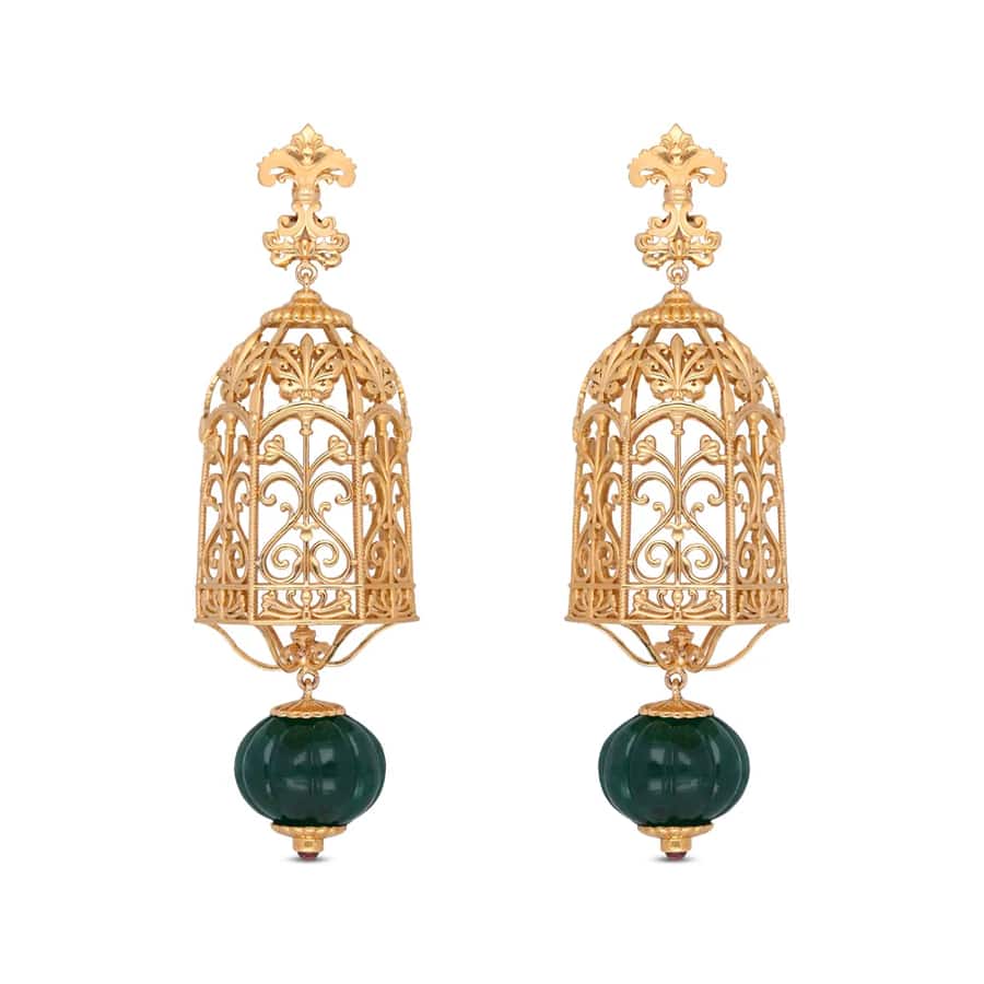 Intricate Gold Birdcage Earrings with Emerland Accent