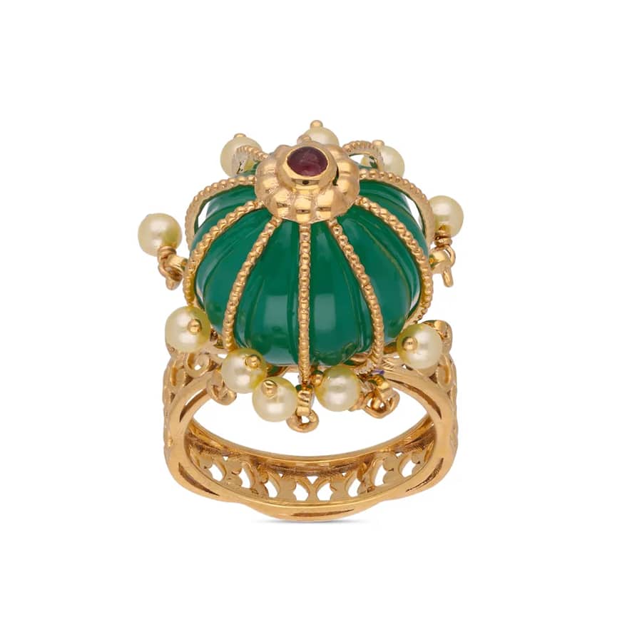 Emerland & Tourmaline Crown Ring with Pearl Embellishments