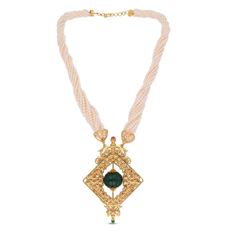 Luxurious Pearl Necklace with Emerland & Ruby Accents