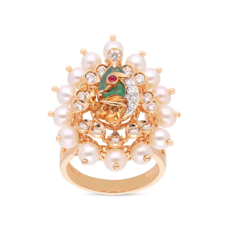 Regal Peacock Motif Ring with Diamonds, Emerland & Cultured Pearls