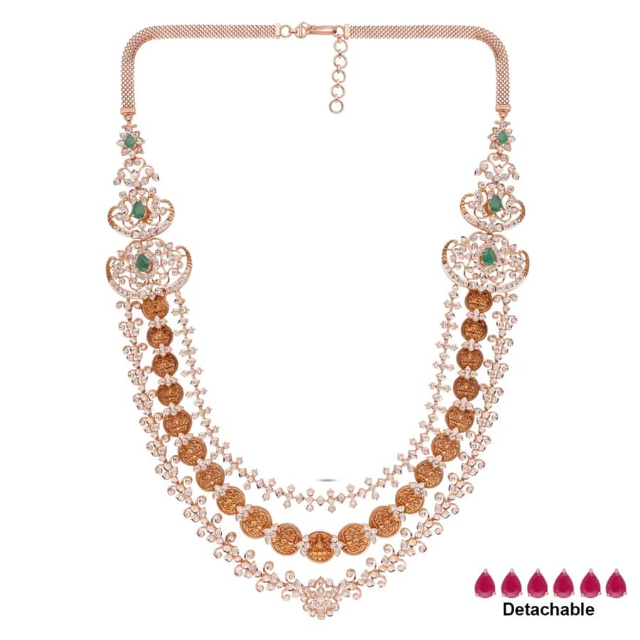 Triple Layer Goddess Lakshmi Necklace with Diamonds, Emerland & Ruby Accents