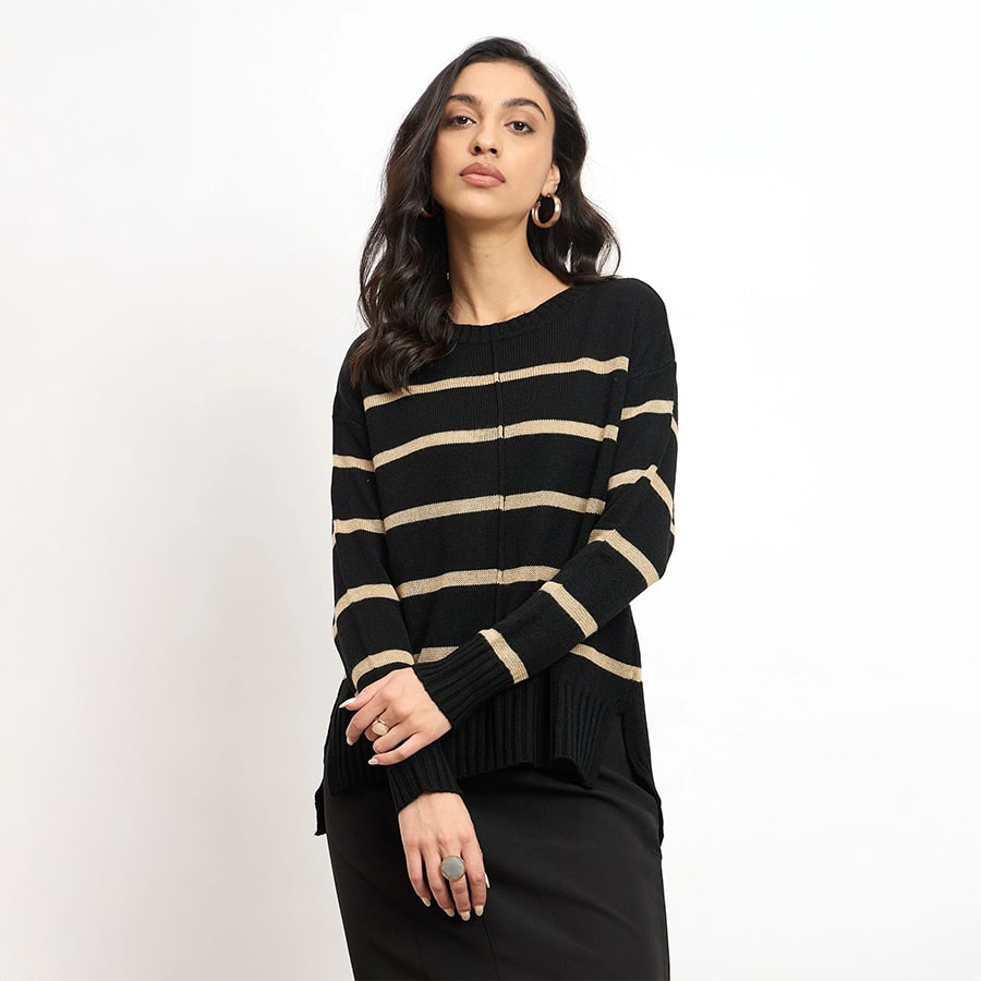 Penelope Striped Knit Sweater - Black & Beige