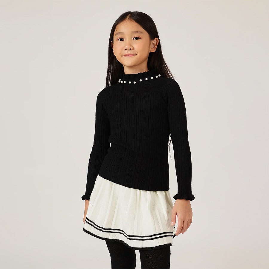 Girls Black Solid High Neck Knit Jumper