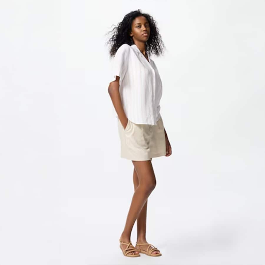 Linen Blend Open Collar Shirt Short Sleeve (Striped)