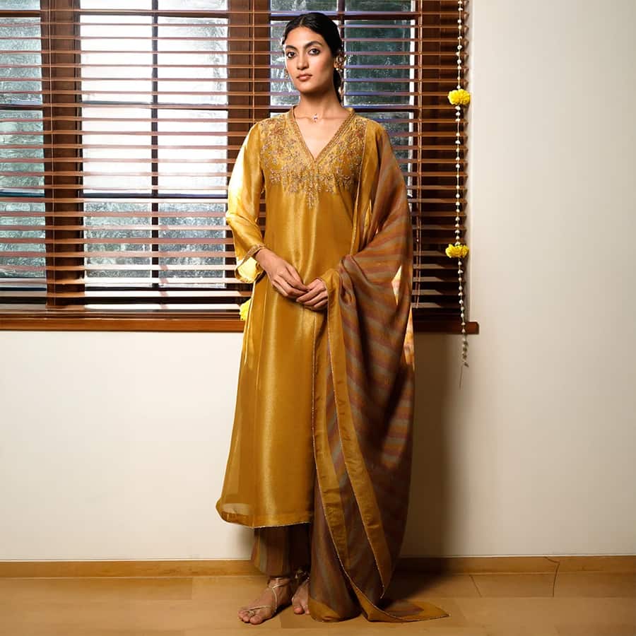 Mustard Tissue Silk Festive Kurta Set