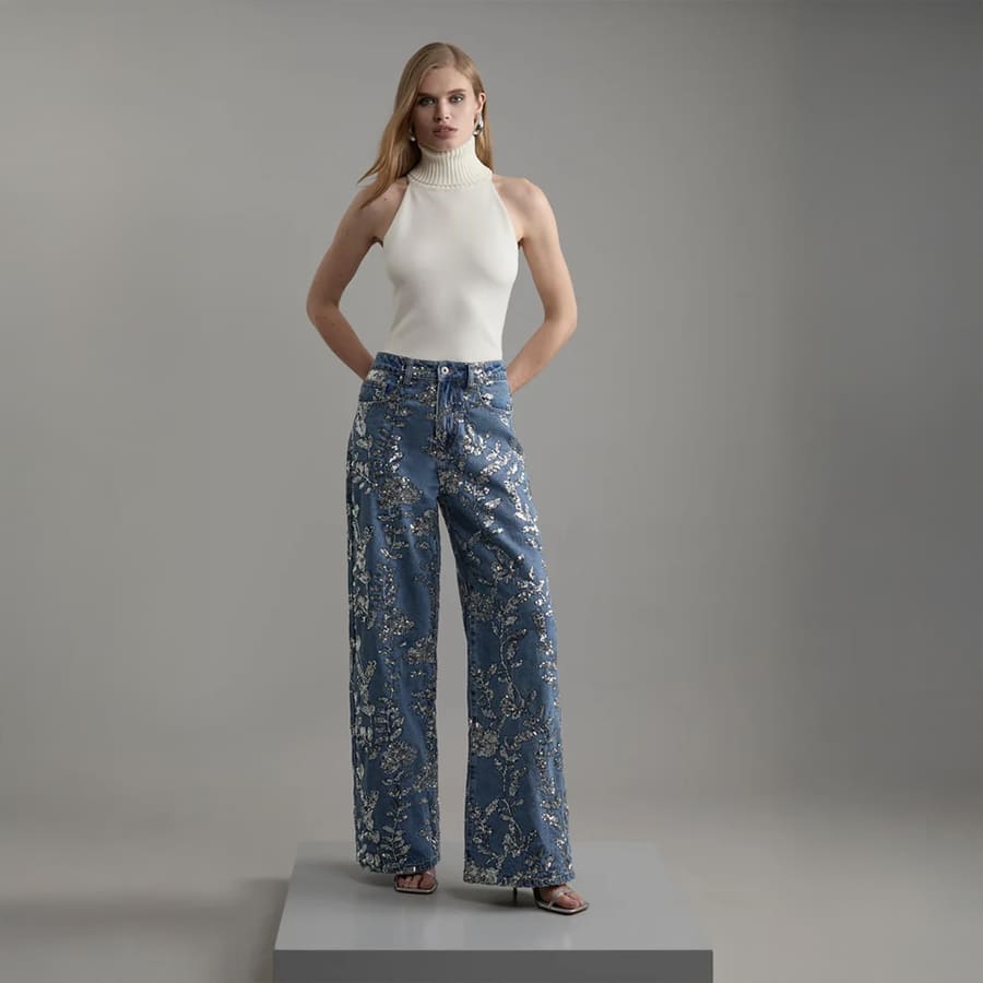 Denim All Over Floral Sequins Wide Legged Trousers