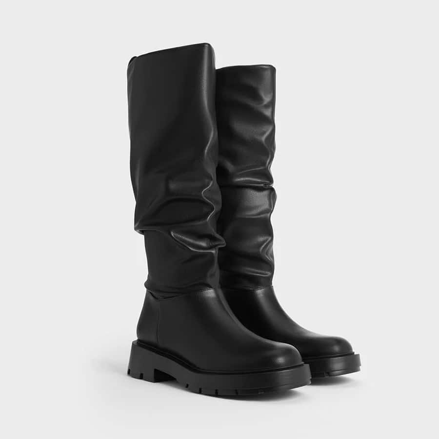 Ruched Knee-High Boots - Black