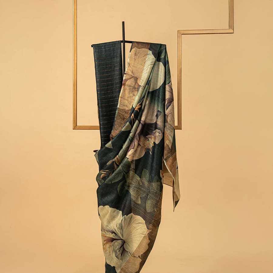 Olive Green Tussar Printed Sari