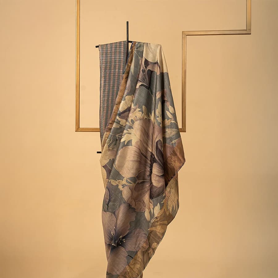 Frost Gray Tussar Printed Sari