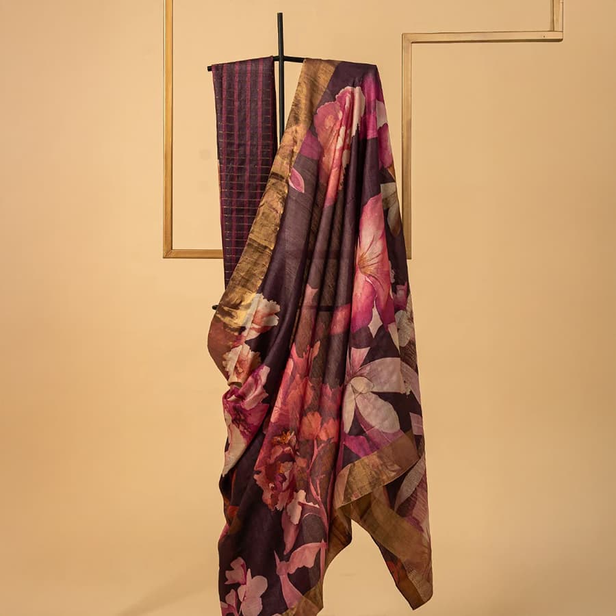 Wine Tussar Printed Sari