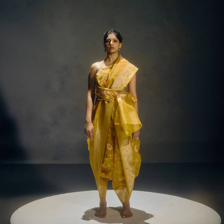Real Zari Mustard Banarasi Organza Sari