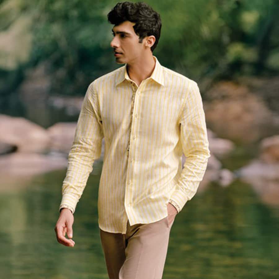 Classy Lemon Yellow Linen Shirt with Stripes