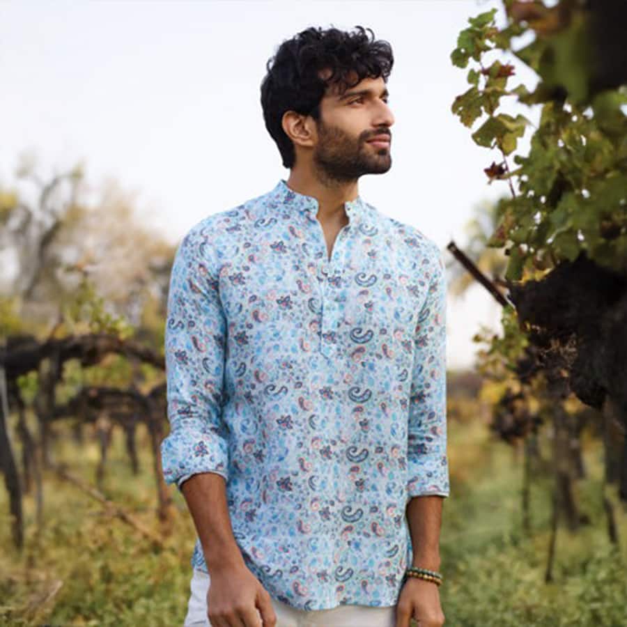 Blue Tropical Print Linen Shirt