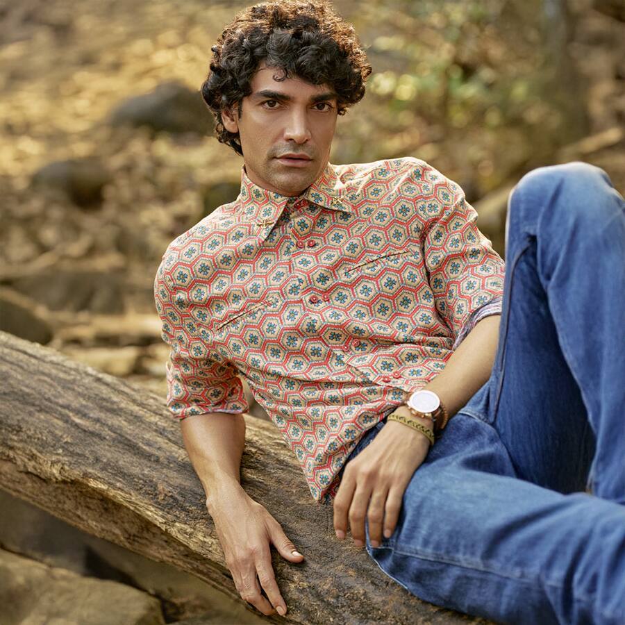 Red & Beige Linen Shirt with Tropical Print