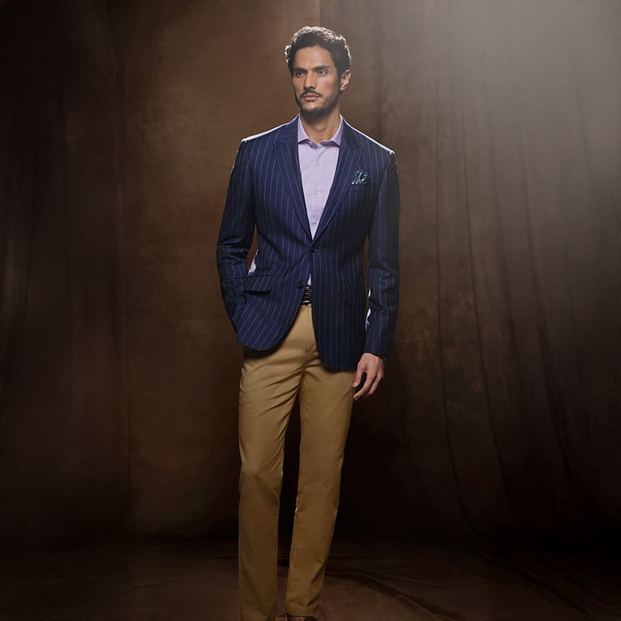 Navy Pinstriped Blazer & Tan Chinos