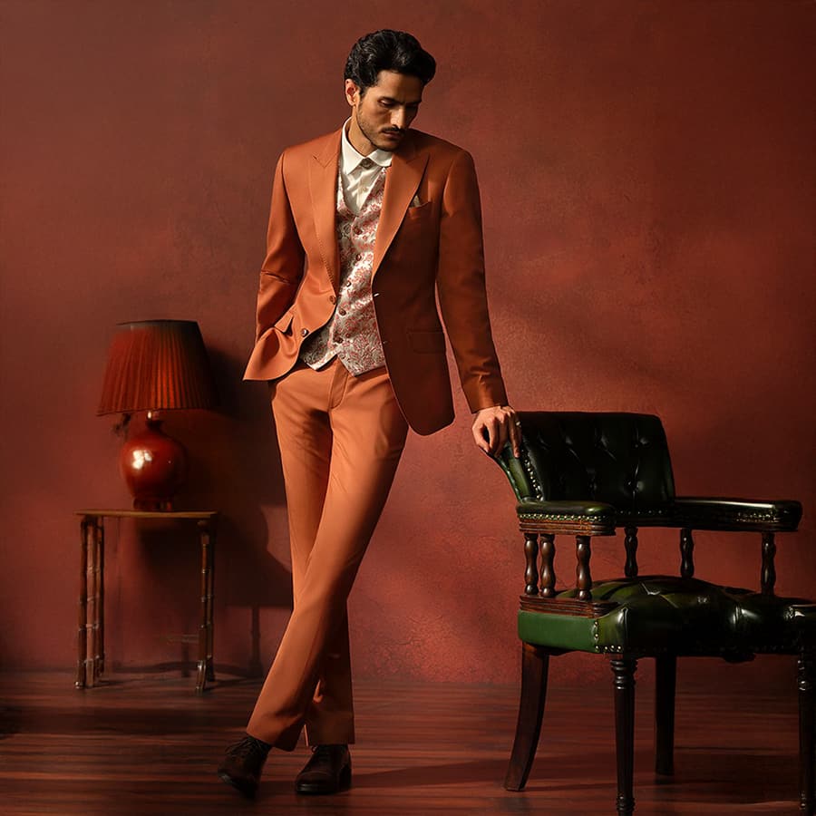 Rich Rust Colored Suit with Floral Embroidered Waistcoat