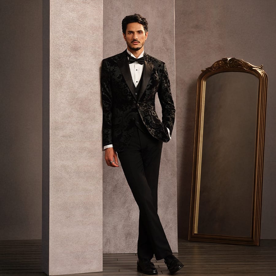 Flocked Onyx Tuxedo Jacket with Ornate Motifs