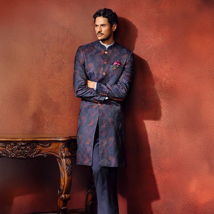 Midnight - Hued Long Bandhgala in Metallic Copper Jacquard