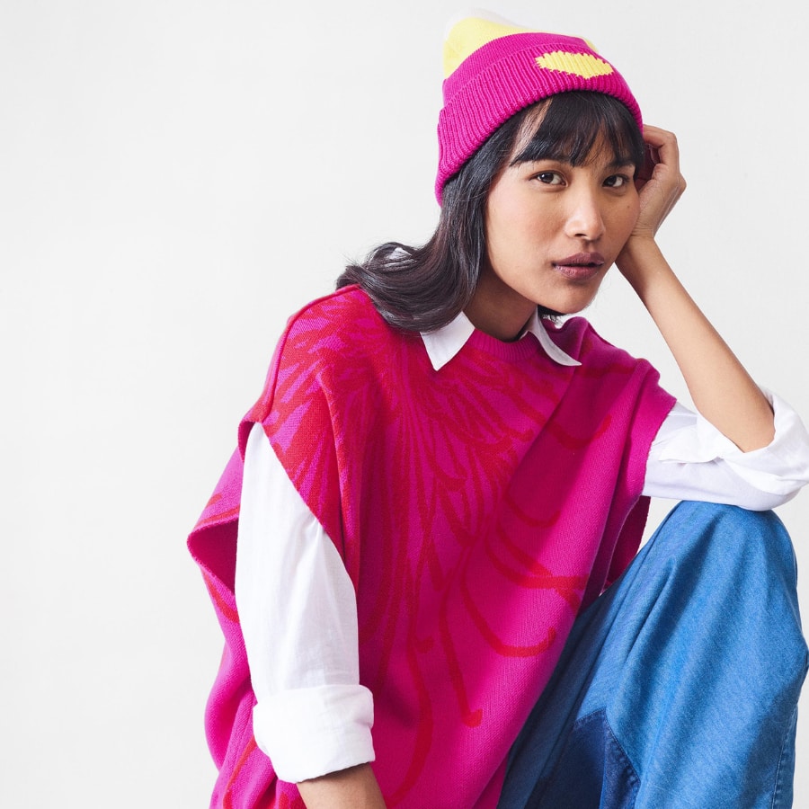 Heartpop Beanie - Fuchsia , Chartreuse & Oatmeal