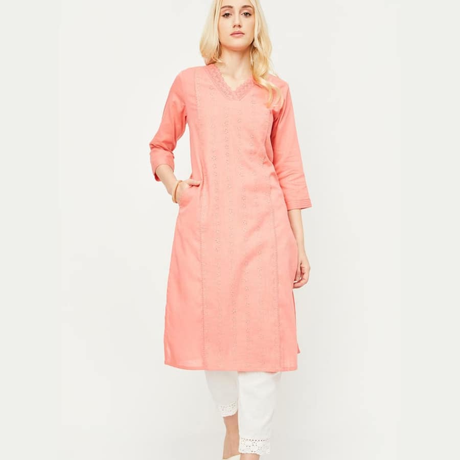 Women Schiffli Straight Kurta