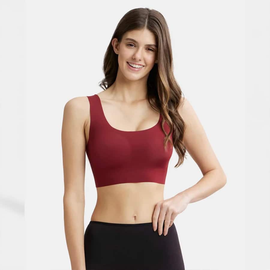 Wirefree Padded Soft Touch Microfiber Elastane Bonded Tech Full Coverage Lounge Bra with 360 Degree Stretch - Pomeogranate