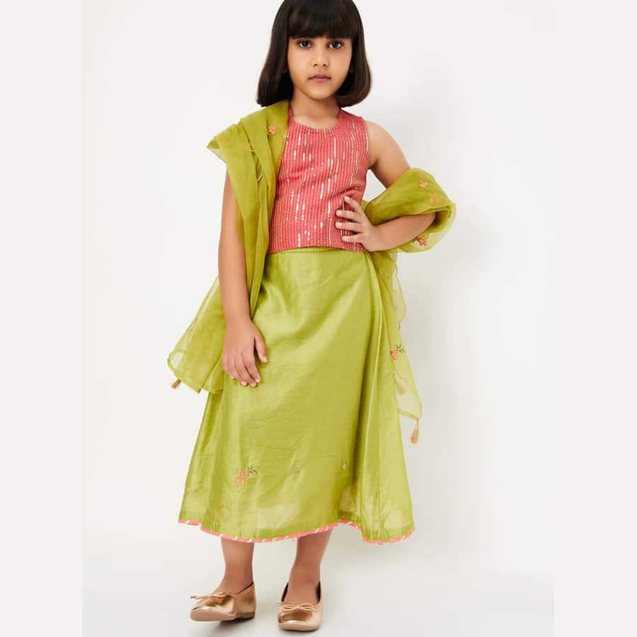 Girls Embellished Blouse with Lehenga and Dupatta