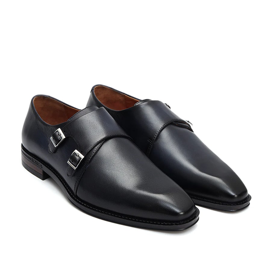 Blue Plain Leather Double Monk Straps