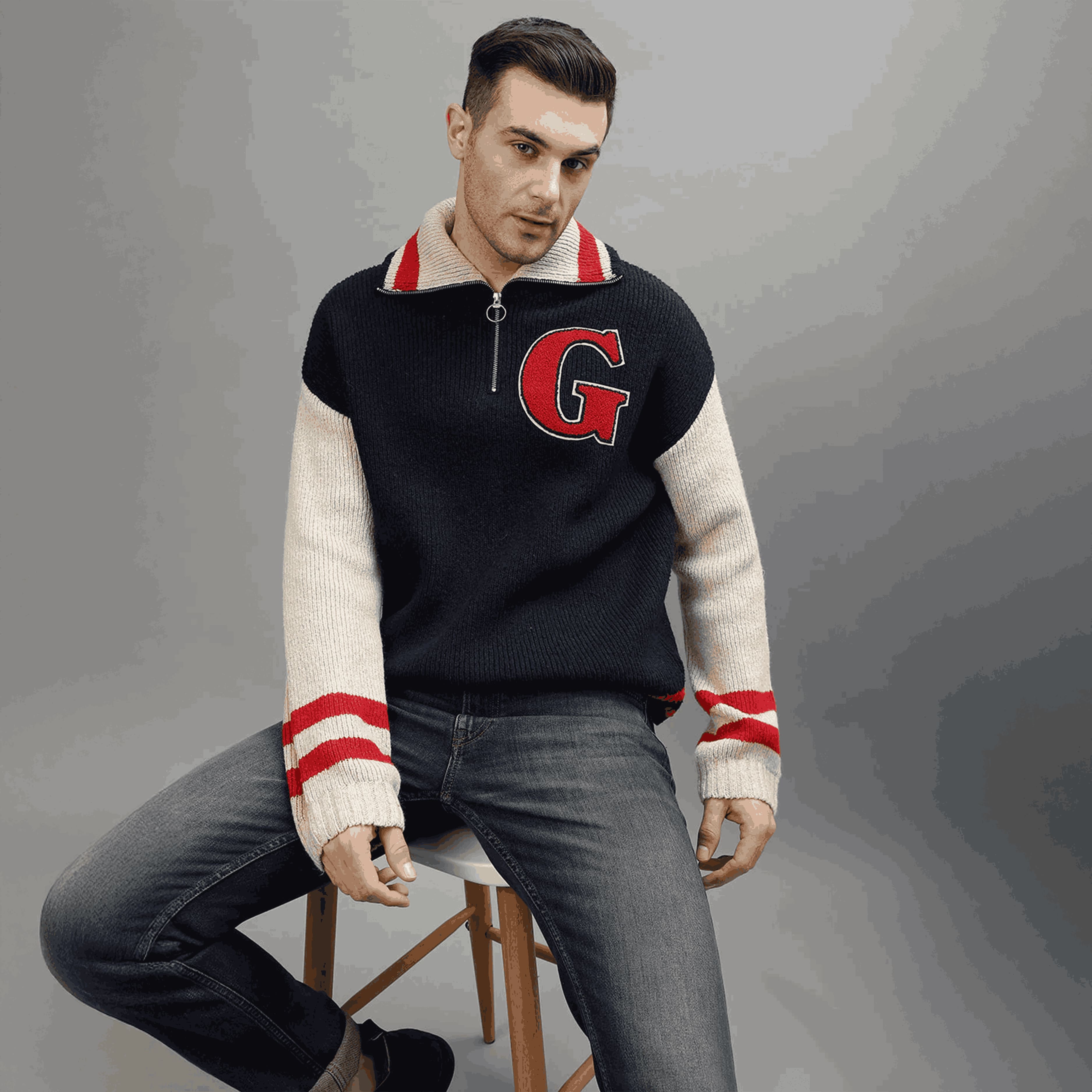 men color-blocked cutway collar full sleeves sweater