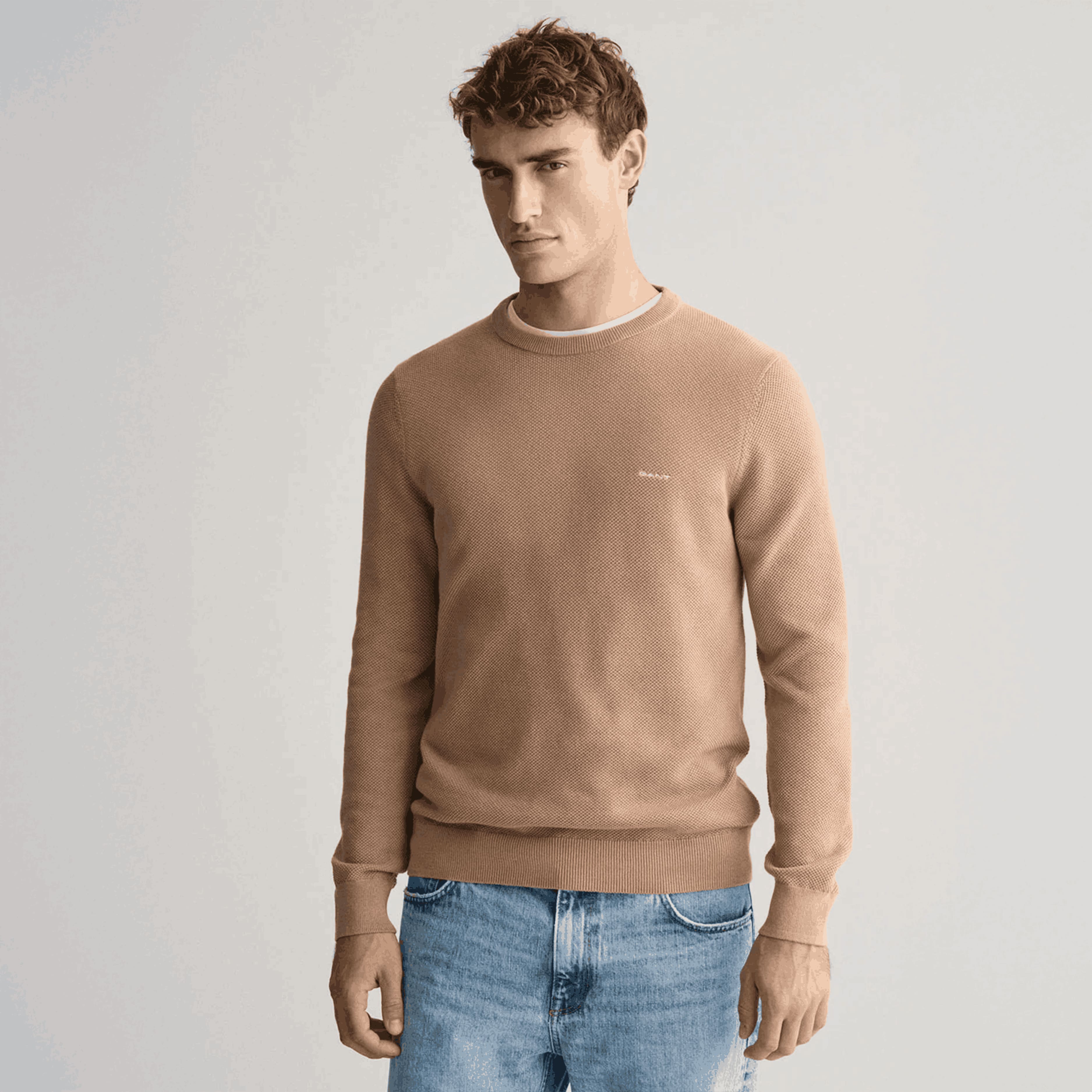 men khaki solid round neck full sleeves sweater