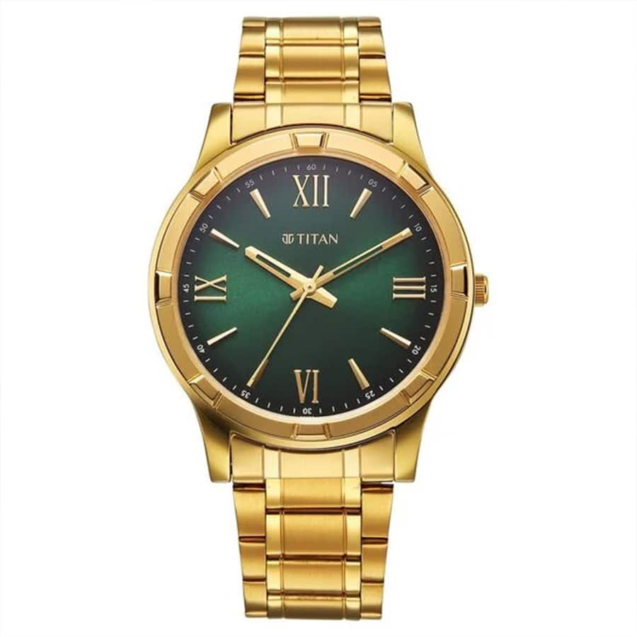 Titan Karishma Quartz Analog Green Dial Golden Stainless Steel Strap